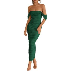 imagePRETTYGARDEN Womens 2026 Summer Off The Shoulder Dress Ruched Bodycon Sleeveless Split Cocktail Party Maxi DressesDark Green