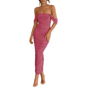 imagePRETTYGARDEN Womens 2026 Summer Off The Shoulder Dress Ruched Bodycon Sleeveless Split Cocktail Party Maxi DressesDark Pink