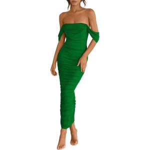 imagePRETTYGARDEN Womens 2026 Summer Off The Shoulder Dress Ruched Bodycon Sleeveless Split Cocktail Party Maxi DressesGreen