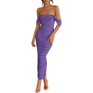 imagePRETTYGARDEN Womens 2026 Summer Off The Shoulder Dress Ruched Bodycon Sleeveless Split Cocktail Party Maxi DressesGrey Purple