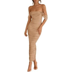 imagePRETTYGARDEN Womens 2026 Summer Off The Shoulder Dress Ruched Bodycon Sleeveless Split Cocktail Party Maxi DressesKhaki