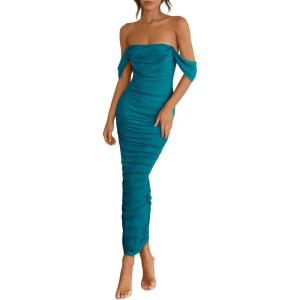 imagePRETTYGARDEN Womens 2026 Summer Off The Shoulder Dress Ruched Bodycon Sleeveless Split Cocktail Party Maxi DressesLake Blue