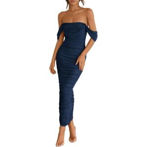 imagePRETTYGARDEN Womens 2026 Summer Off The Shoulder Dress Ruched Bodycon Sleeveless Split Cocktail Party Maxi DressesNavy