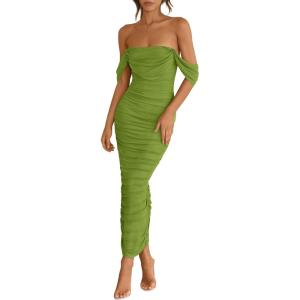 imagePRETTYGARDEN Womens 2026 Summer Off The Shoulder Dress Ruched Bodycon Sleeveless Split Cocktail Party Maxi DressesOlive Green
