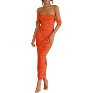 imagePRETTYGARDEN Womens 2026 Summer Off The Shoulder Dress Ruched Bodycon Sleeveless Split Cocktail Party Maxi DressesOrange