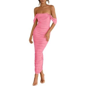 imagePRETTYGARDEN Womens 2026 Summer Off The Shoulder Dress Ruched Bodycon Sleeveless Split Cocktail Party Maxi DressesPink