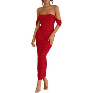 imagePRETTYGARDEN Womens 2026 Summer Off The Shoulder Dress Ruched Bodycon Sleeveless Split Cocktail Party Maxi DressesRed