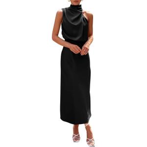 imagePRETTYGARDEN Womens 2026 Summer Satin Dress Elegant Sleeveless Mock Neck Cocktail Party Maxi DressesBlack