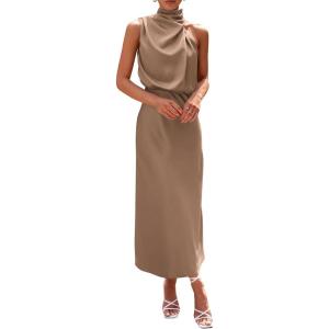 imagePRETTYGARDEN Womens 2026 Summer Satin Dress Elegant Sleeveless Mock Neck Cocktail Party Maxi DressesChampagne