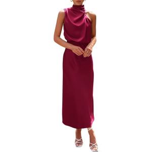 imagePRETTYGARDEN Womens 2026 Summer Satin Dress Elegant Sleeveless Mock Neck Cocktail Party Maxi DressesDeep Red