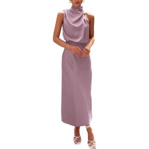 imagePRETTYGARDEN Womens 2026 Summer Satin Dress Elegant Sleeveless Mock Neck Cocktail Party Maxi DressesDusty Pink