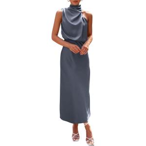 imagePRETTYGARDEN Womens 2026 Summer Satin Dress Elegant Sleeveless Mock Neck Cocktail Party Maxi DressesGrey Blue