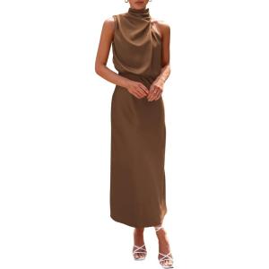 imagePRETTYGARDEN Womens 2026 Summer Satin Dress Elegant Sleeveless Mock Neck Cocktail Party Maxi DressesKhaki