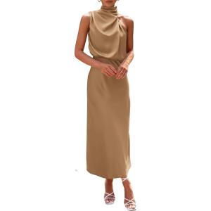 imagePRETTYGARDEN Womens 2026 Summer Satin Dress Elegant Sleeveless Mock Neck Cocktail Party Maxi DressesLight Khaki
