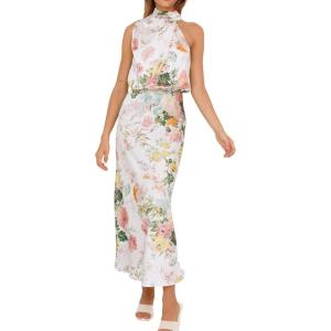 imagePRETTYGARDEN Womens 2026 Summer Satin Dress Elegant Sleeveless Mock Neck Cocktail Party Maxi DressesPrint White