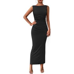 imagePRETTYGARDEN Womens 2026 Summer Semi Formal Midi Dresses Sleeveless Ruched Bodycon Long Elegant Cocktail Wedding Guest DressBlack