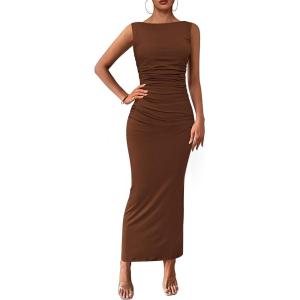 imagePRETTYGARDEN Womens 2026 Summer Semi Formal Midi Dresses Sleeveless Ruched Bodycon Long Elegant Cocktail Wedding Guest DressCoffee