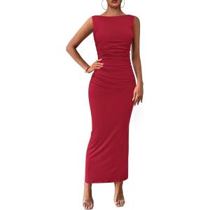 imagePRETTYGARDEN Womens 2026 Summer Semi Formal Midi Dresses Sleeveless Ruched Bodycon Long Elegant Cocktail Wedding Guest DressWine Red
