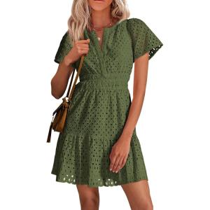 imagePRETTYGARDEN Womens 2026 Summer Short Dress V Neck Short Sleeve A Line Hollow Out Lace Ruffle Cute Casual Beach Party DressesArmy Green