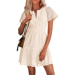 imagePRETTYGARDEN Womens 2026 Summer Short Dress V Neck Short Sleeve A Line Hollow Out Lace Ruffle Cute Casual Beach Party DressesBeige
