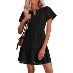 imagePRETTYGARDEN Womens 2026 Summer Short Dress V Neck Short Sleeve A Line Hollow Out Lace Ruffle Cute Casual Beach Party DressesBlack