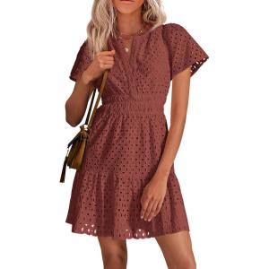 imagePRETTYGARDEN Womens 2026 Summer Short Dress V Neck Short Sleeve A Line Hollow Out Lace Ruffle Cute Casual Beach Party DressesBrown Red