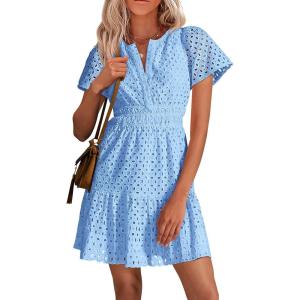 imagePRETTYGARDEN Womens 2026 Summer Short Dress V Neck Short Sleeve A Line Hollow Out Lace Ruffle Cute Casual Beach Party DressesLight Blue