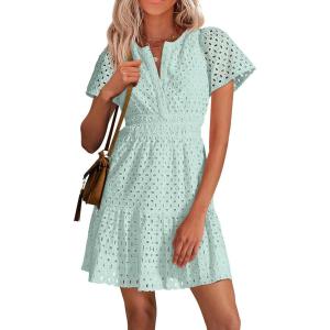 imagePRETTYGARDEN Womens 2026 Summer Short Dress V Neck Short Sleeve A Line Hollow Out Lace Ruffle Cute Casual Beach Party DressesLight Green