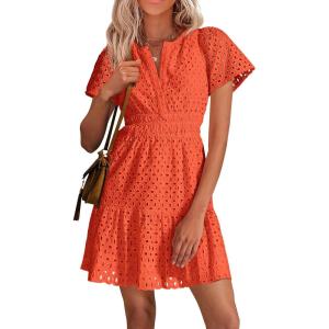 imagePRETTYGARDEN Womens 2026 Summer Short Dress V Neck Short Sleeve A Line Hollow Out Lace Ruffle Cute Casual Beach Party DressesOrange