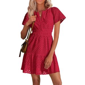 imagePRETTYGARDEN Womens 2026 Summer Short Dress V Neck Short Sleeve A Line Hollow Out Lace Ruffle Cute Casual Beach Party DressesRed