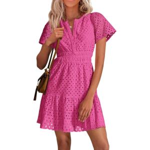 imagePRETTYGARDEN Womens 2026 Summer Short Dress V Neck Short Sleeve A Line Hollow Out Lace Ruffle Cute Casual Beach Party DressesRose Red