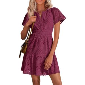 imagePRETTYGARDEN Womens 2026 Summer Short Dress V Neck Short Sleeve A Line Hollow Out Lace Ruffle Cute Casual Beach Party DressesWine Red