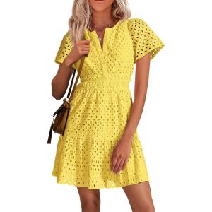 imagePRETTYGARDEN Womens 2026 Summer Short Dress V Neck Short Sleeve A Line Hollow Out Lace Ruffle Cute Casual Beach Party DressesYellow