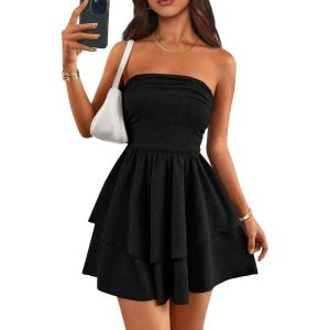 imagePRETTYGARDEN Womens 2026 Summer Strapless Tube Mini Dress Off Shoulder Smocked Ruffle A Line Flowy Short Party Club DressesBlack