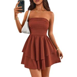 imagePRETTYGARDEN Womens 2026 Summer Strapless Tube Mini Dress Off Shoulder Smocked Ruffle A Line Flowy Short Party Club DressesBrick Red