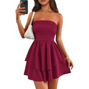 imagePRETTYGARDEN Womens 2026 Summer Strapless Tube Mini Dress Off Shoulder Smocked Ruffle A Line Flowy Short Party Club DressesBurgundy