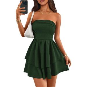 imagePRETTYGARDEN Womens 2026 Summer Strapless Tube Mini Dress Off Shoulder Smocked Ruffle A Line Flowy Short Party Club DressesDark Green
