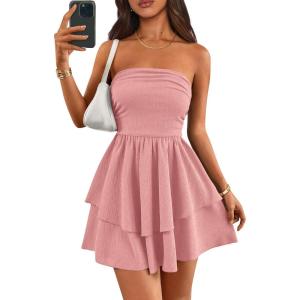 imagePRETTYGARDEN Womens 2026 Summer Strapless Tube Mini Dress Off Shoulder Smocked Ruffle A Line Flowy Short Party Club DressesPink
