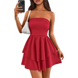 imagePRETTYGARDEN Womens 2026 Summer Strapless Tube Mini Dress Off Shoulder Smocked Ruffle A Line Flowy Short Party Club DressesRed