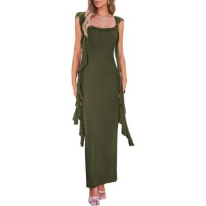 imagePRETTYGARDEN Womens 2026 Summer Wedding Guest Dress Sleeveless Ruffle Formal Cocktail Party Maxi Bodycon DressesArmy Green