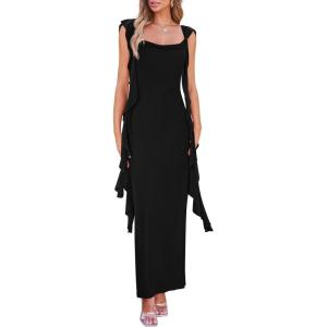 imagePRETTYGARDEN Womens 2026 Summer Wedding Guest Dress Sleeveless Ruffle Formal Cocktail Party Maxi Bodycon DressesBlack