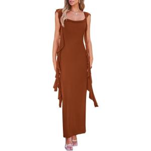 imagePRETTYGARDEN Womens 2026 Summer Wedding Guest Dress Sleeveless Ruffle Formal Cocktail Party Maxi Bodycon DressesCaramel