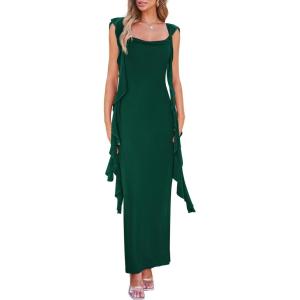 imagePRETTYGARDEN Womens 2026 Summer Wedding Guest Dress Sleeveless Ruffle Formal Cocktail Party Maxi Bodycon DressesDark Green