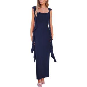 imagePRETTYGARDEN Womens 2026 Summer Wedding Guest Dress Sleeveless Ruffle Formal Cocktail Party Maxi Bodycon DressesNavy