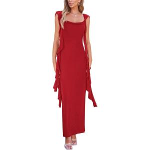 imagePRETTYGARDEN Womens 2026 Summer Wedding Guest Dress Sleeveless Ruffle Formal Cocktail Party Maxi Bodycon DressesRed