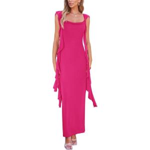 imagePRETTYGARDEN Womens 2026 Summer Wedding Guest Dress Sleeveless Ruffle Formal Cocktail Party Maxi Bodycon DressesRose Red