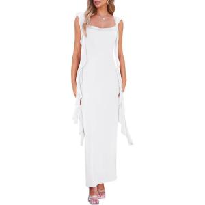 imagePRETTYGARDEN Womens 2026 Summer Wedding Guest Dress Sleeveless Ruffle Formal Cocktail Party Maxi Bodycon DressesWhite