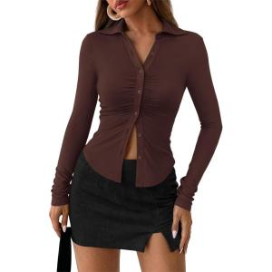 imagePRETTYGARDEN Womens Button Down Shirts V Neck Collared Ruched Slim Fit Long Sleeve Shirt Casual Spring Fashion Ladies TopsBrown