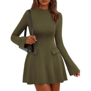 imagePRETTYGARDEN Womens Elegant Holiday Short Dress 2026 Fall Bell Long Sleeve Mock Neck Work Business Casual Party Mini DressArmy Green