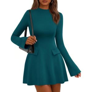 imagePRETTYGARDEN Womens Elegant Holiday Short Dress 2026 Fall Bell Long Sleeve Mock Neck Work Business Casual Party Mini DressBlue Green
